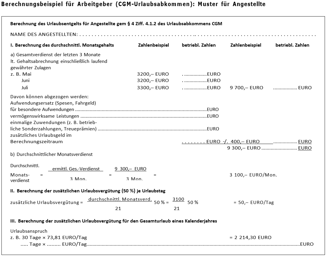 Berechnungsbeispiel für Arbeitgeber (CGM-Urlaubsabkommen): Muster für Angestellte