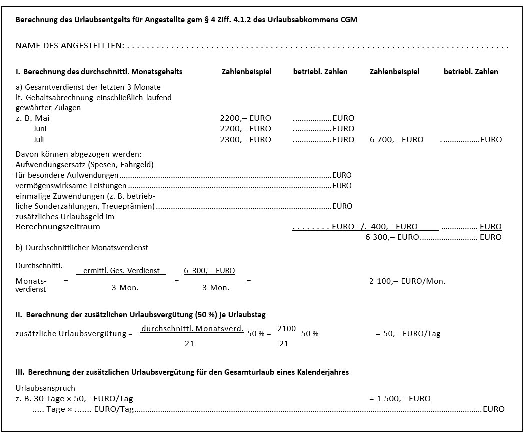 Berechnungsbeispiel für Arbeitgeber (CGM-Urlaubsabkommen): Muster für Angestellte