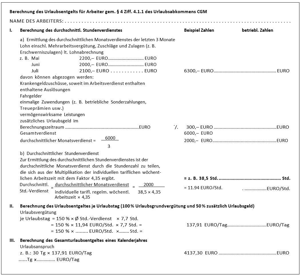 Berechnungsbeispiel für Arbeitgeber (CGM-Urlaubsabkommen): Muster für Angestellte
